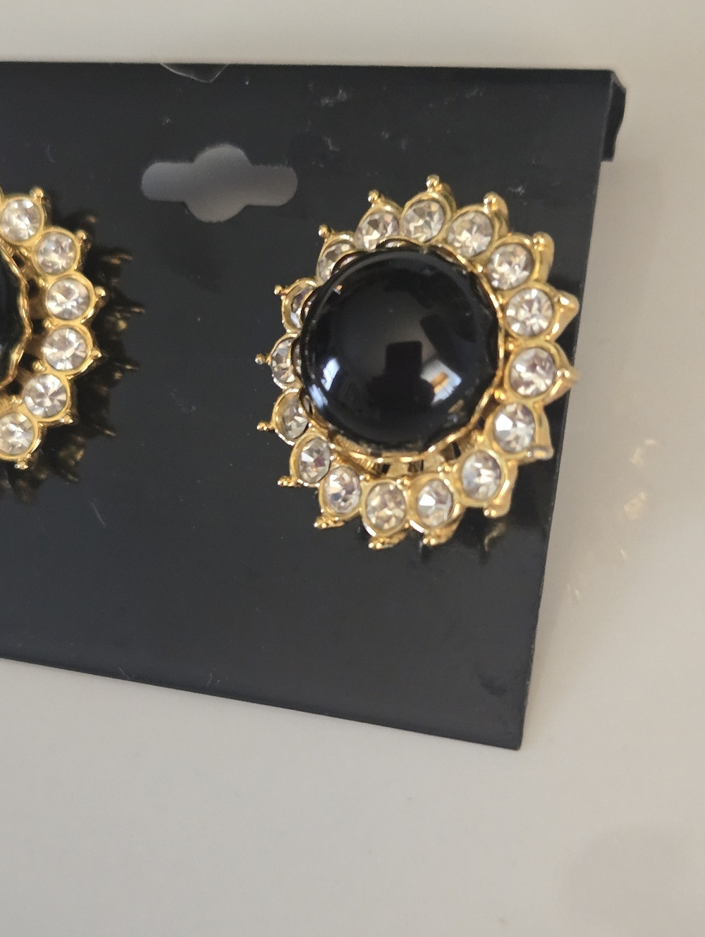 Black Cabochon Halo Rhinestone Stud Earrings - Picture 3 of 5